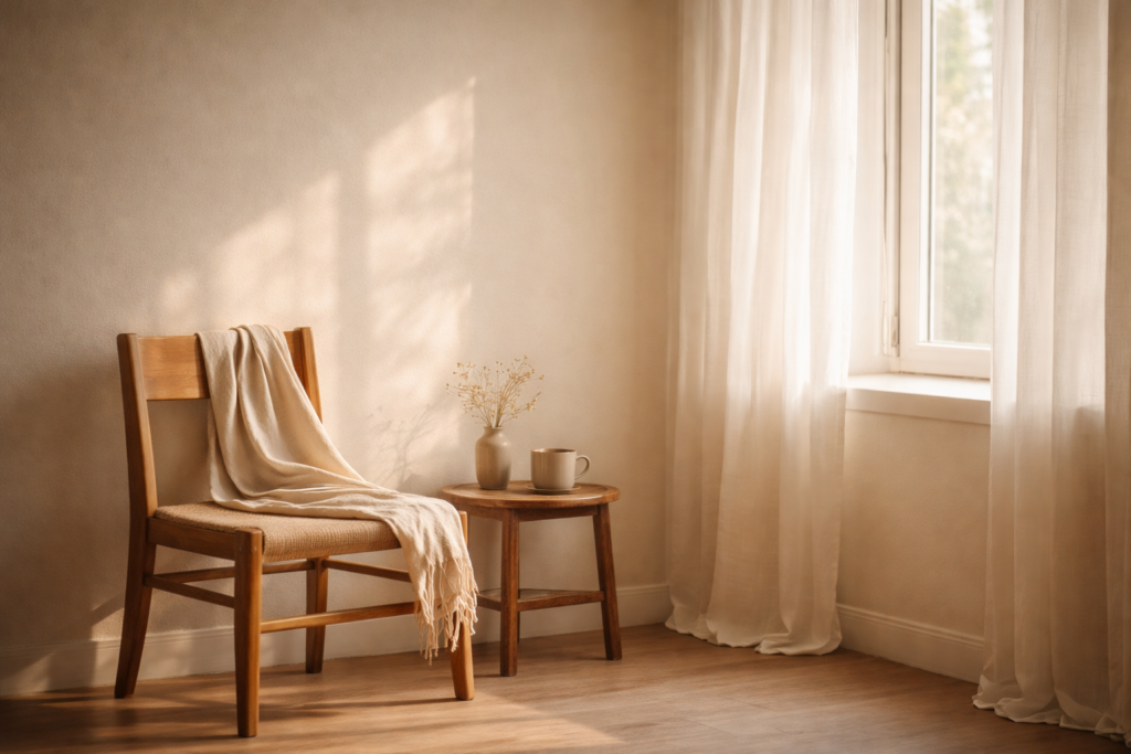 Sunlight entering a quiet minimalist room with an empty wooden chair symbolizing stillness and reflection
